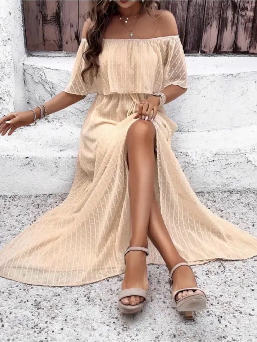 So Chic Boutique Off-Shoulder Apricot Maxi Dress